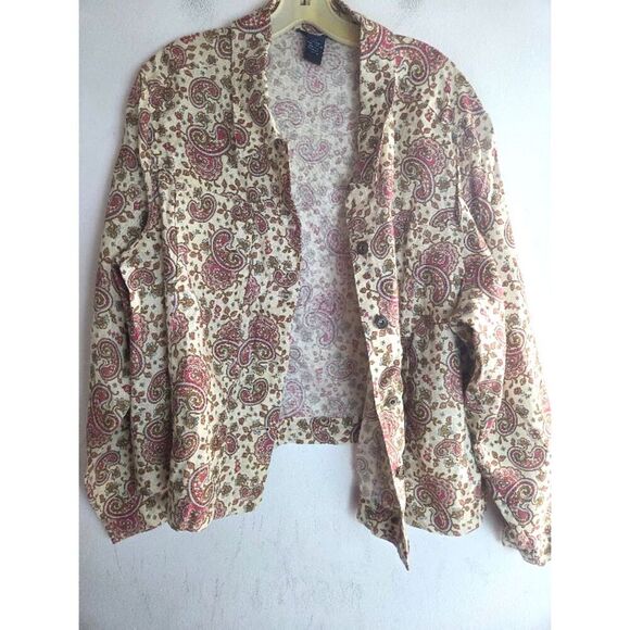 Saint Tropez West Cream w/Pink  Brown Pasley 100% Linen Button Up Jacket size 3X - Picture 8 of 8